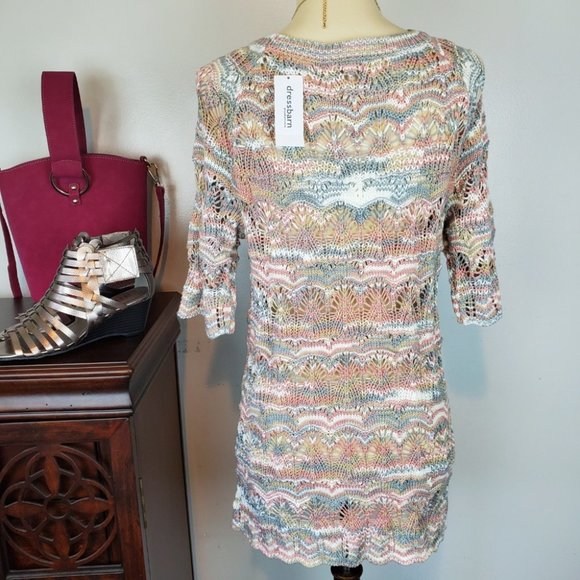 Westport Beautiful Gray Pink Tan White Crochet Tunic Sweater, NWT, XS - Picture 5 of 8